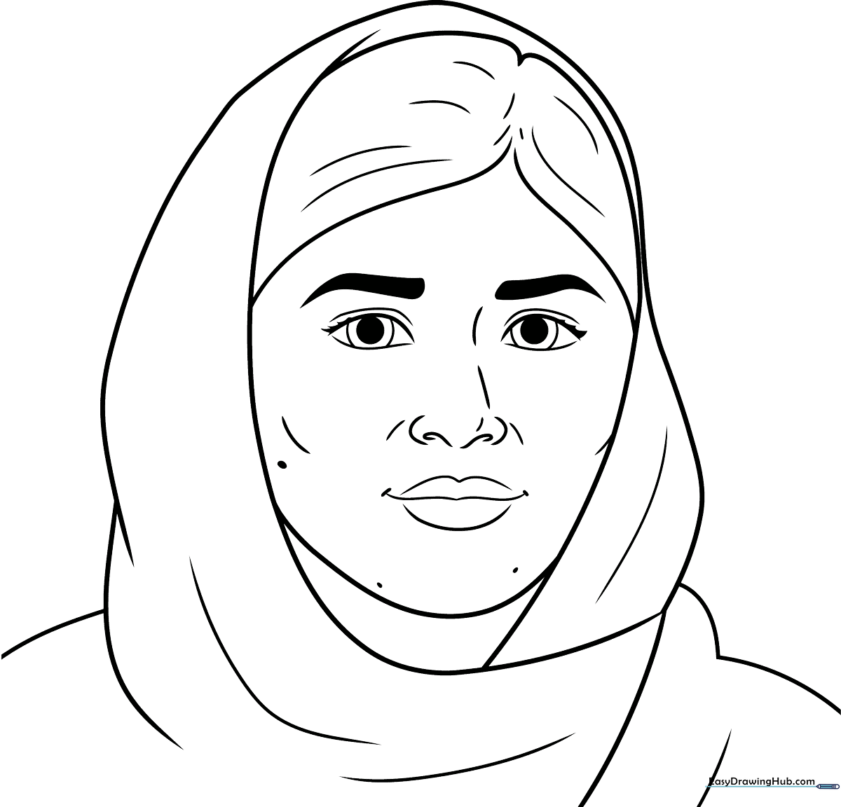 Clean line art portrait of Malala Yousafzai wearing a headscarf, designed as an educational coloring page for children.