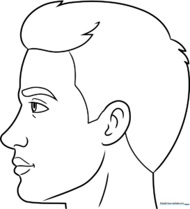 Black and white line art of a male face in profile, showing clear outlines for the nose, chin, and ear, designed for educational coloring practice.