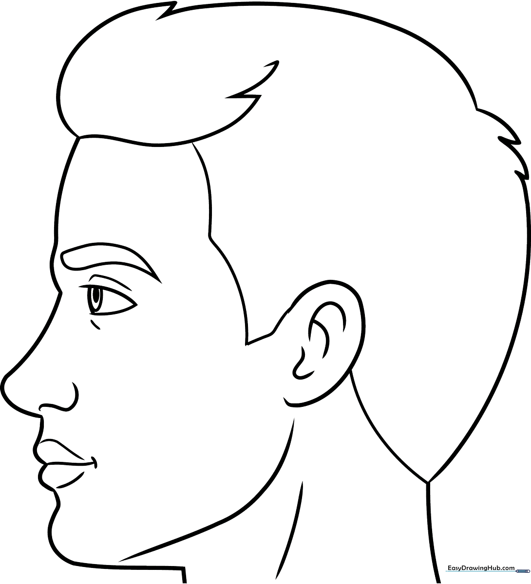 Black and white line art of a male face in profile, showing clear outlines for the nose, chin, and ear, designed for educational coloring practice.