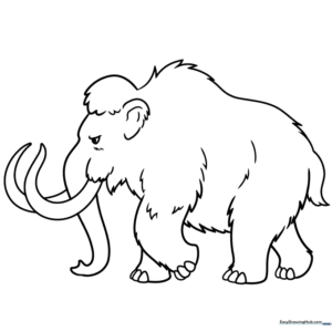 A friendly cartoon mammoth with large tusks and shaggy fur, featuring clean, bold outlines perfect for children to color.