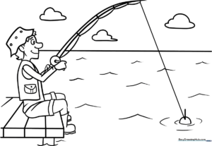 A friendly cartoon man holding a fishing rod by the water, featuring clear, bold outlines for easy coloring by children.