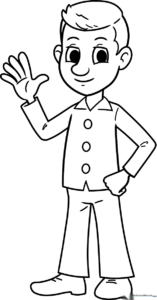 Black and white line art of a friendly cartoon man standing, featuring clear outlines for easy coloring by children.