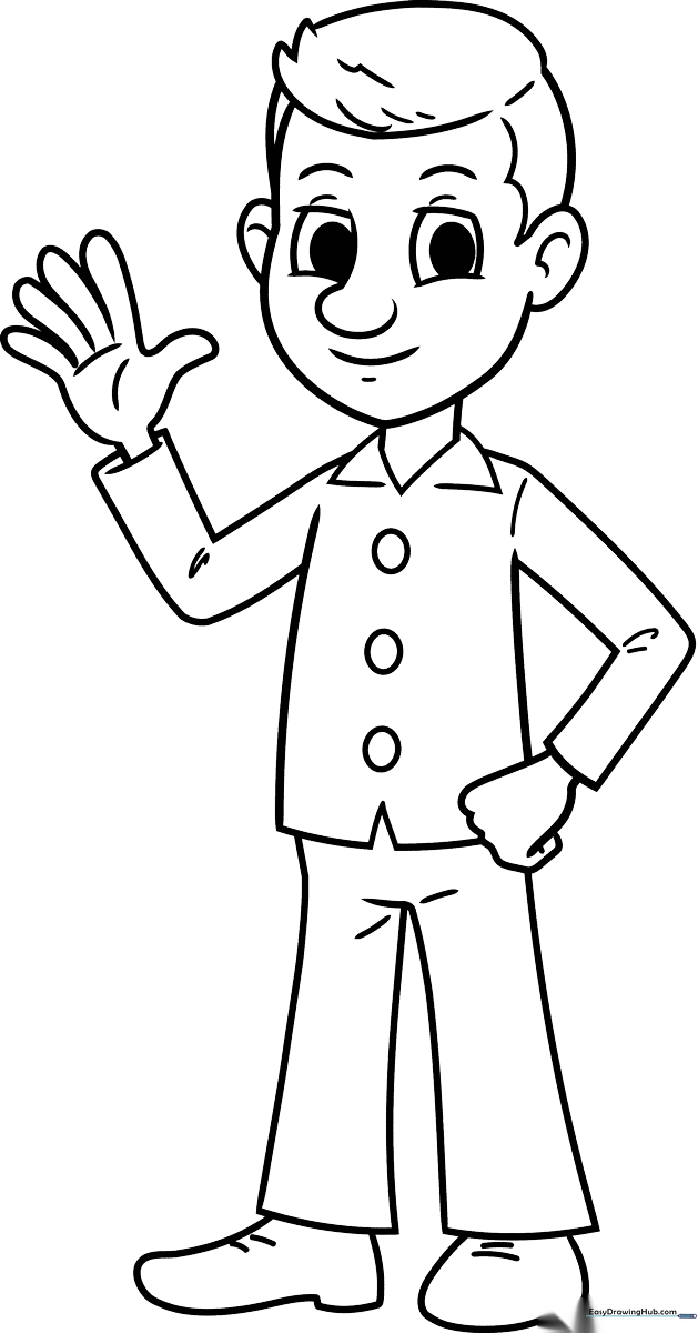 Black and white line art of a friendly cartoon man standing, featuring clear outlines for easy coloring by children.