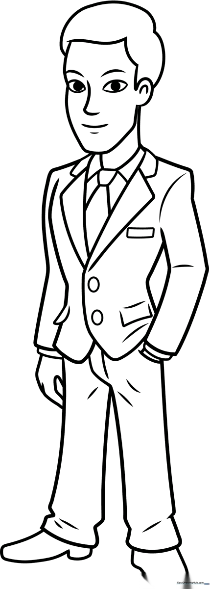 Black and white line art of a man wearing a formal suit and tie, designed for children to color with markers or crayons.