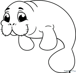 A friendly cartoon manatee with rounded features and a paddle-shaped tail, outlined for easy coloring by children.