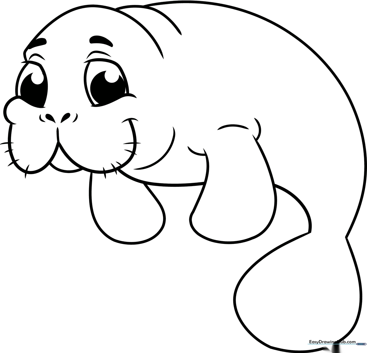 A friendly cartoon manatee with rounded features and a paddle-shaped tail, outlined for easy coloring by children.