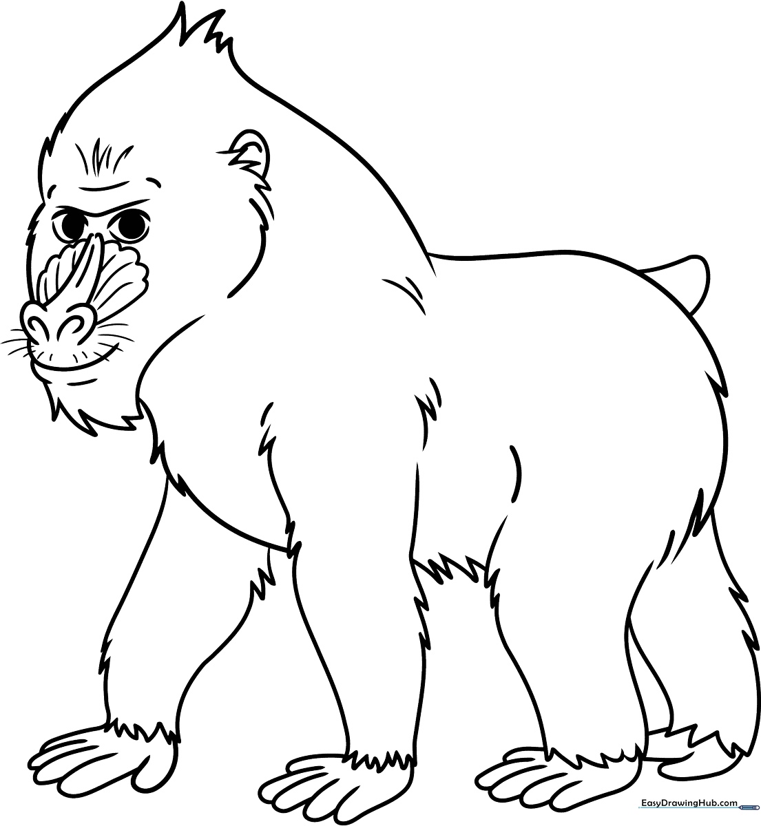 Black and white line art of a mandrill with distinct facial features and fur texture, ready for coloring.