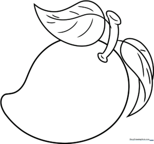 A simple, bold-lined mango fruit illustration on a white background, designed for children to practice coloring within the lines.