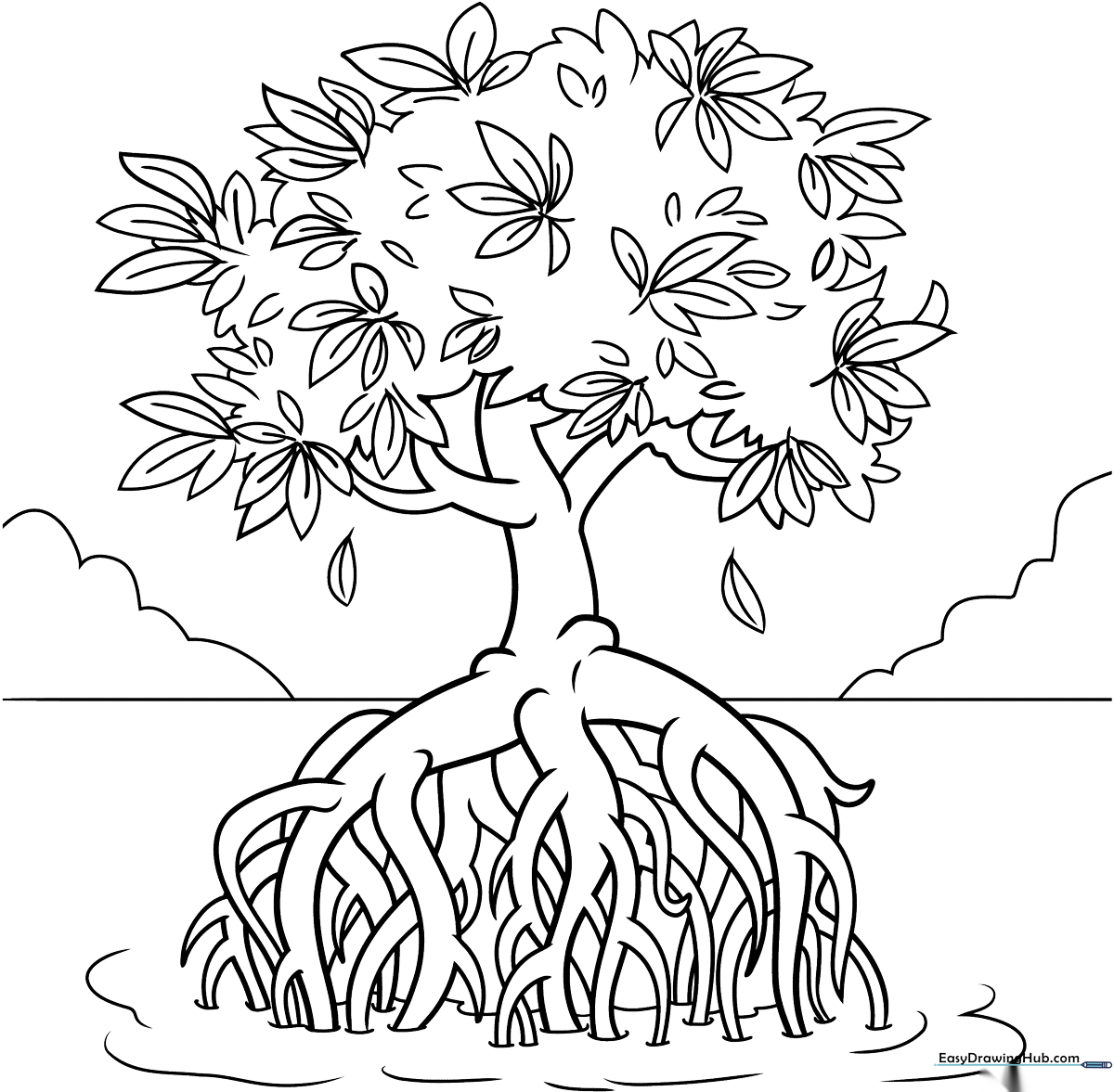 Black and white line art of a mangrove tree with characteristic arched stilt roots, ready for children to color.