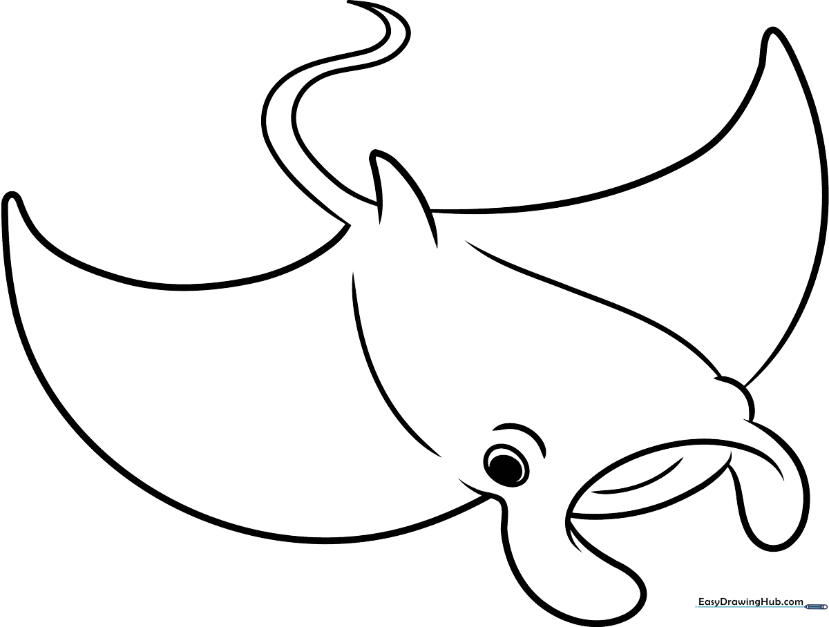 Black and white line art of a friendly Manta Ray with wide fins, optimized for children to color with crayons or markers.