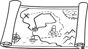 A clear, black-and-white line art map of the world for children to color, featuring distinct continents and oceans for educational practice.