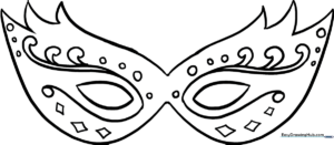 Black and white line art of a decorative Mardi Gras mask with feathers and intricate patterns, ready for coloring.