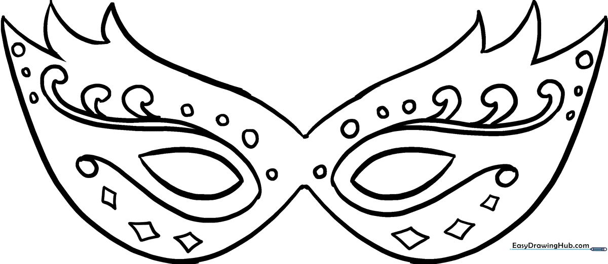 Black and white line art of a decorative Mardi Gras mask with feathers and intricate patterns, ready for coloring.