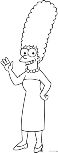 Black and white line art of Marge Simpson with her signature tall beehive hair, ready for children to color with crayons or markers.