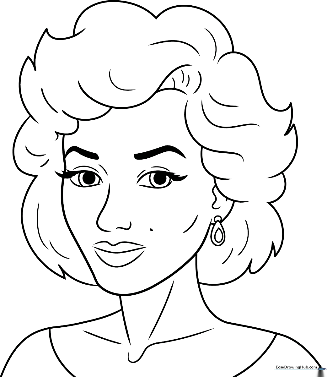 A clean-line illustration of Marilyn Monroe's face, featuring her signature wavy hair and expressive eyes, designed for children to color.