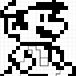 Black and white pixel art grid of Mario's head and hat, designed for children to color using a classic red and blue palette.