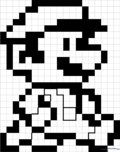 Black and white pixel art grid of Mario's head and hat, designed for children to color using a classic red and blue palette.