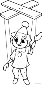 Black and white line art of a classic marionette puppet with strings attached to a wooden control bar, designed for children to color.