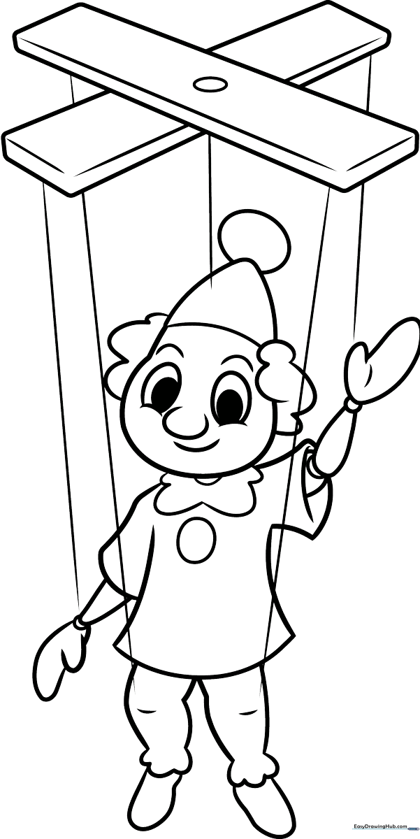 Black and white line art of a classic marionette puppet with strings attached to a wooden control bar, designed for children to color.
