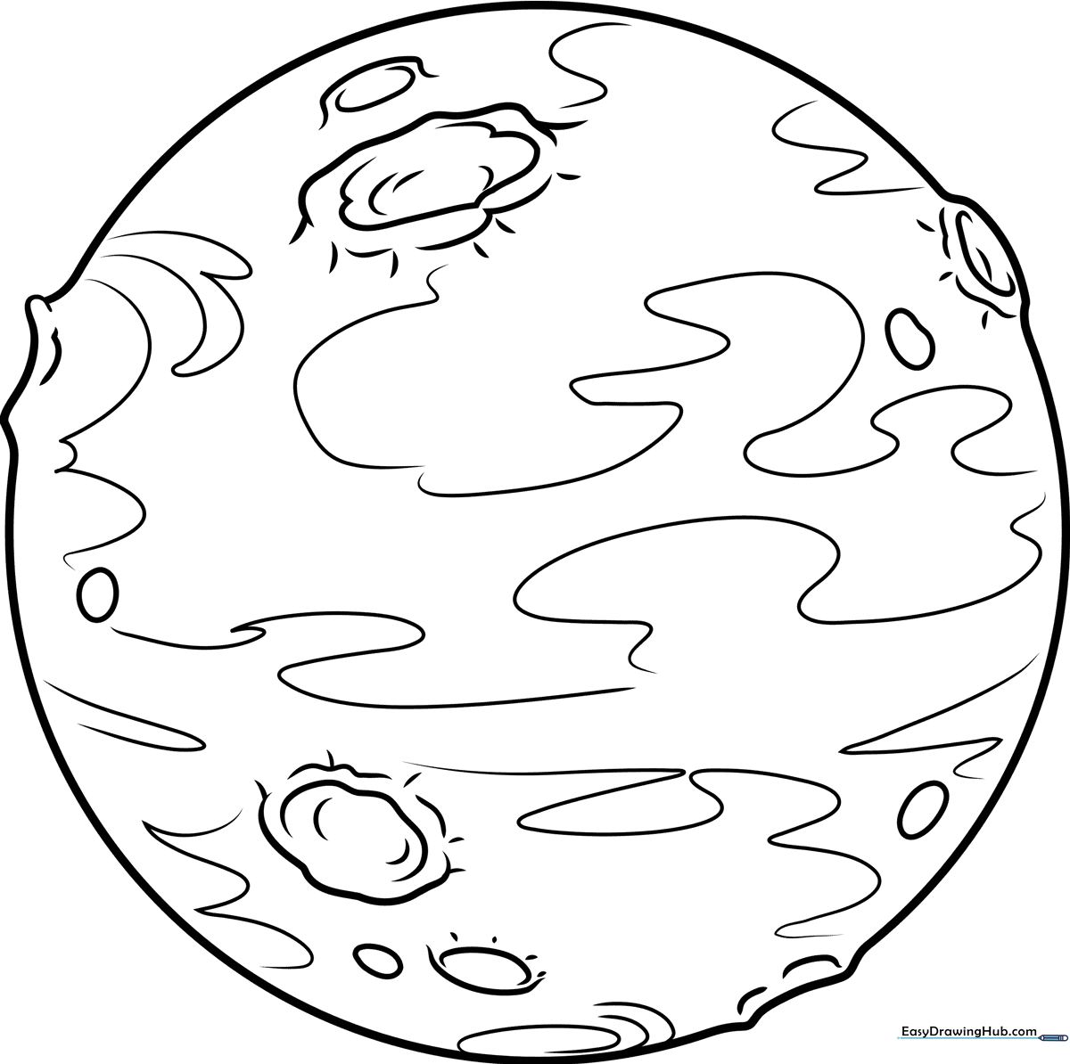 Clean line art of the planet Mars with crater details, designed for children to color with crayons or markers.