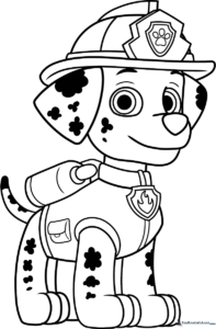 Black and white line art of Marshall the Dalmatian from PAW Patrol wearing his signature firefighter helmet and collar, ready to be colored.