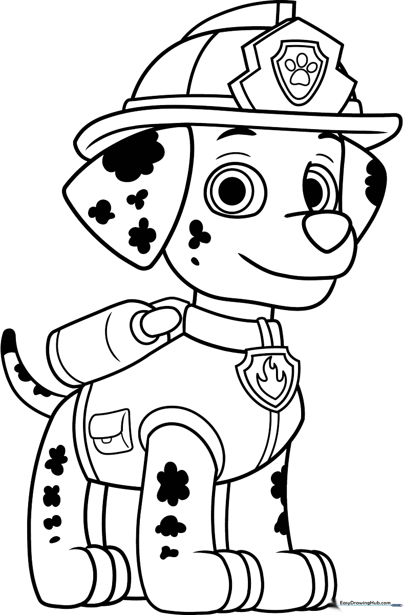 Black and white line art of Marshall the Dalmatian from PAW Patrol wearing his signature firefighter helmet and collar, ready to be colored.