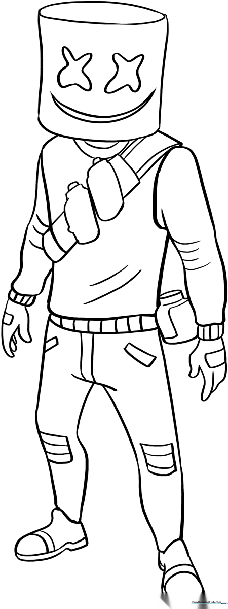Black and white line art of Marshmello from Fortnite, featuring his signature helmet with X-shaped eyes and a smiling mouth, ready for coloring.