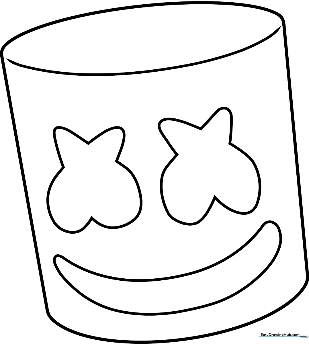 Black and white line art of the Marshmello helmet featuring two large X-shaped eyes and a wide, friendly smile, ready for coloring.