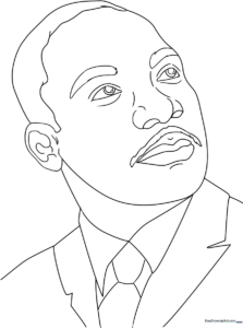 Black and white line art illustration of Martin Luther King Jr. designed for children to color, featuring clear outlines for easy filling.