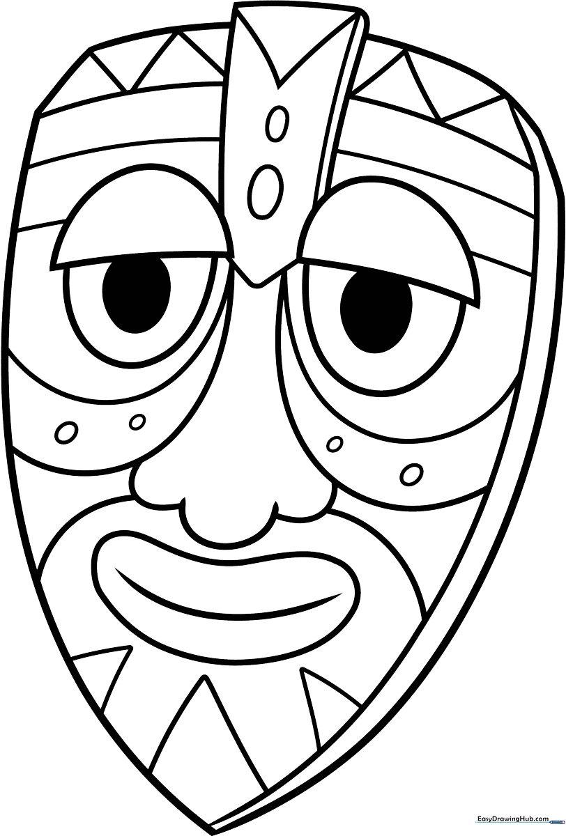 Black and white line art of a masquerade-style mask with decorative patterns, ready for children to color.