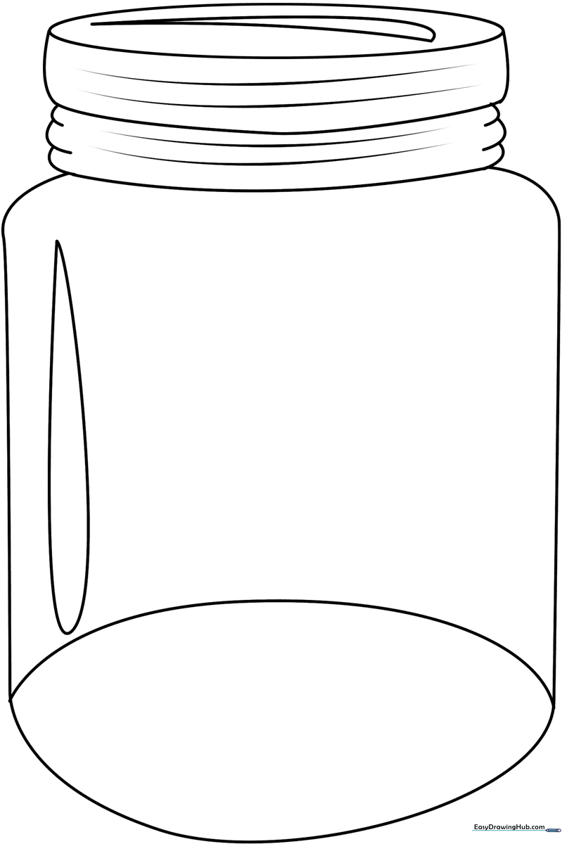 Black and white line art of a classic Mason jar with a metal lid, featuring clear outlines for easy coloring by children.