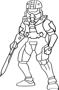 Detailed line art of Master Chief in his Mjolnir armor, featuring clear outlines for easy coloring of the helmet visor and chest plating.