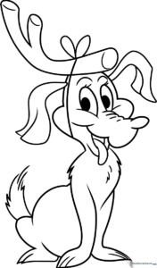 Line art illustration of Max the dog from The Grinch with large expressive eyes and a single antler, ready for children to color.
