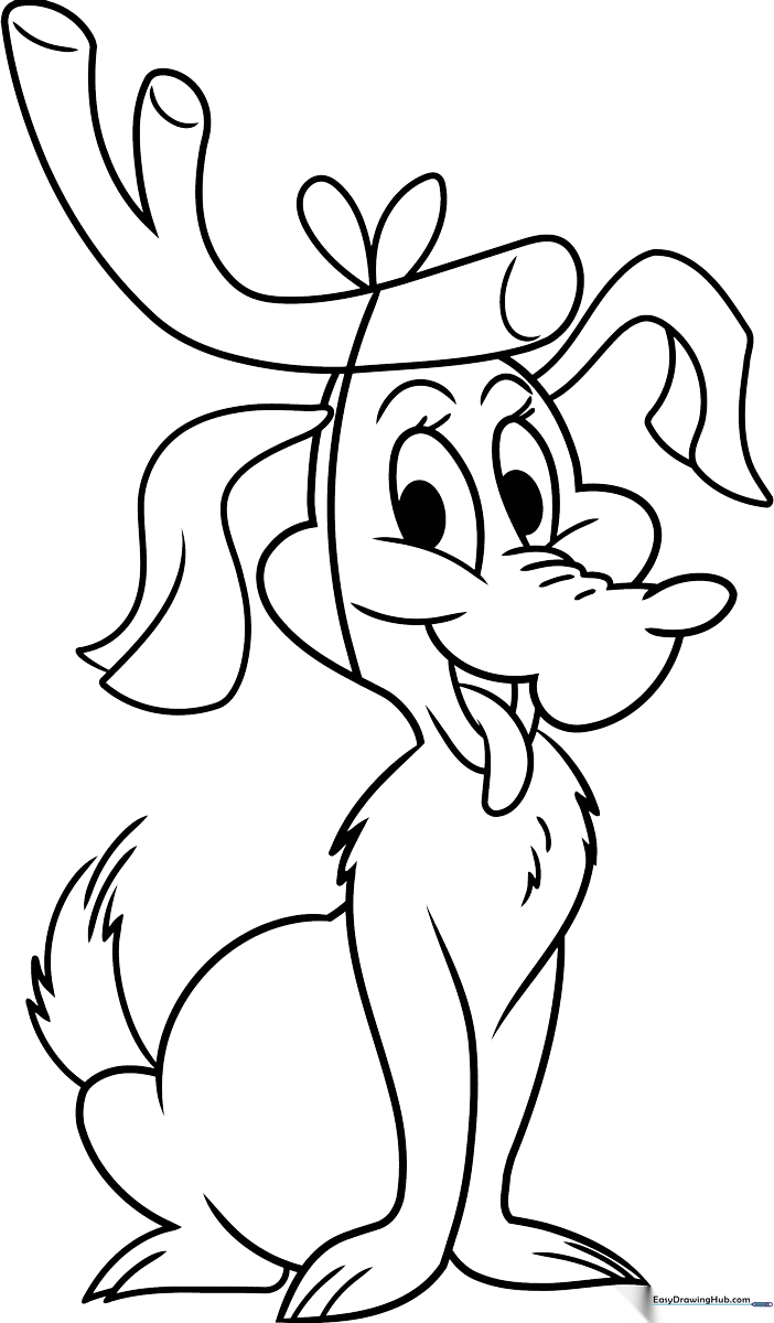 Line art illustration of Max the dog from The Grinch with large expressive eyes and a single antler, ready for children to color.