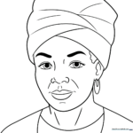 Black and white line art portrait of Maya Angelou featuring her signature hairstyle and warm, smiling expression, designed for educational coloring.