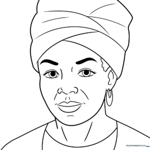 Black and white line art portrait of Maya Angelou featuring her signature hairstyle and warm, smiling expression, designed for educational coloring.