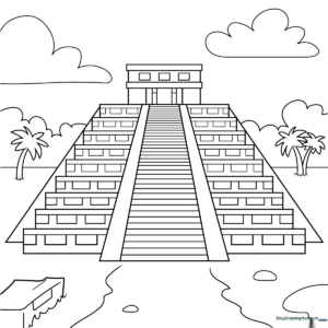 Black and white line art of a Mayan step pyramid with clear outlines, designed for children to color.