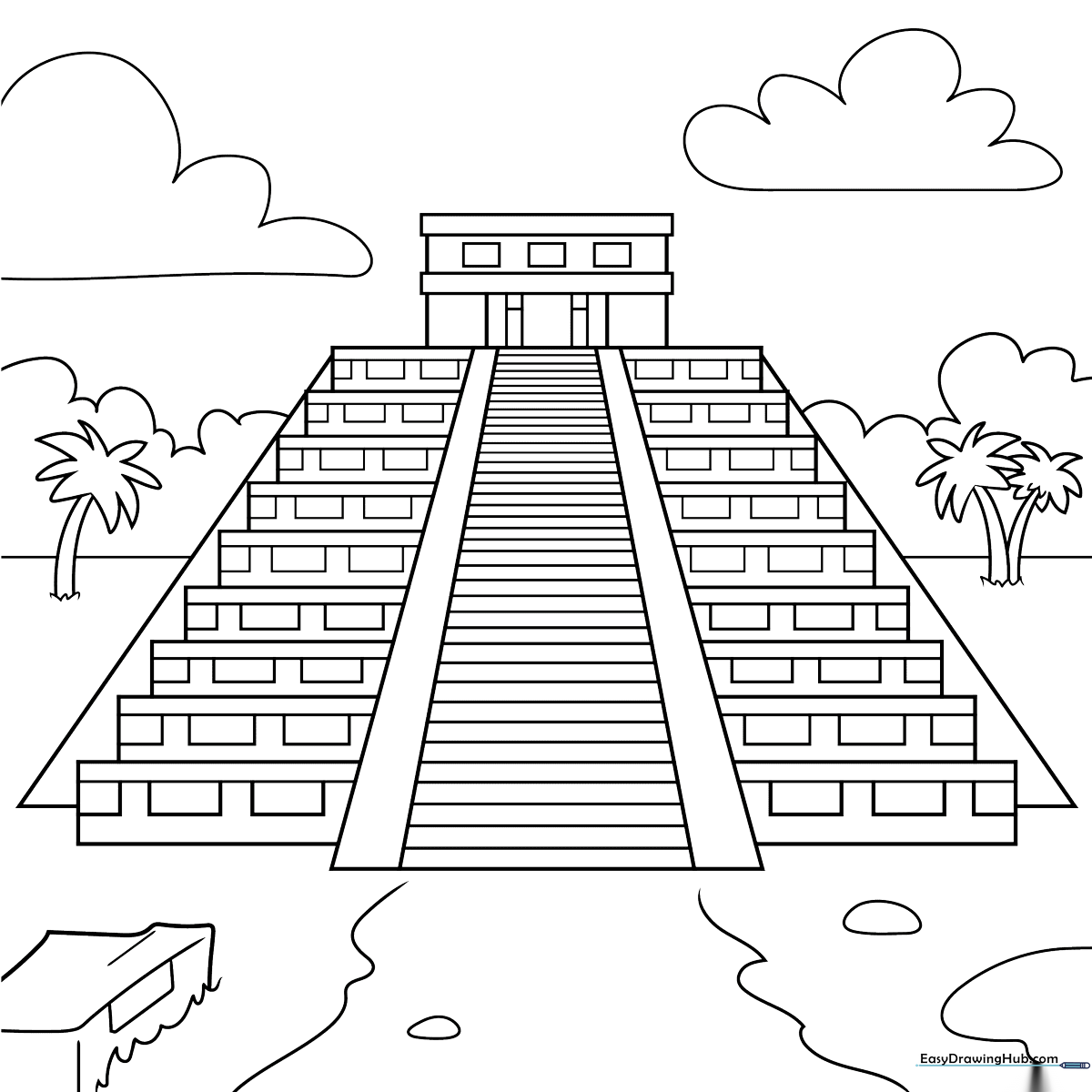 Black and white line art of a Mayan step pyramid with clear outlines, designed for children to color.