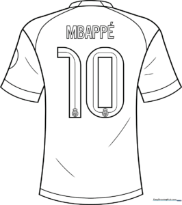 Black and white line art of a Real Madrid soccer jersey featuring the number 9, designed for children to color with markers or crayons.