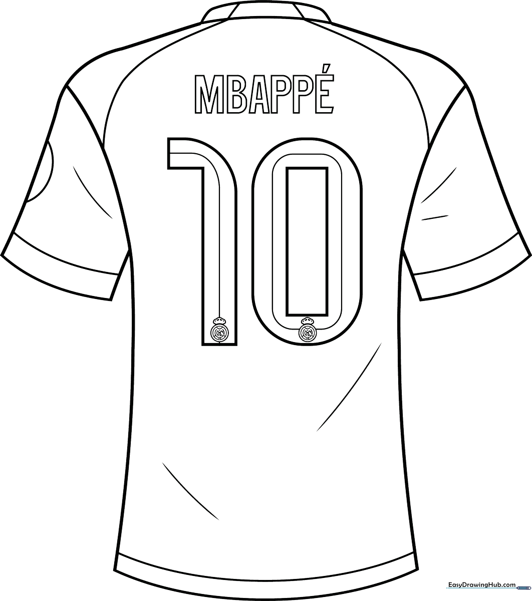 Black and white line art of a Real Madrid soccer jersey featuring the number 9, designed for children to color with markers or crayons.