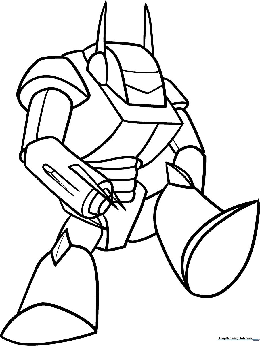 Black and white line art of a humanoid mecha robot with detailed armor plating and mechanical joints, ready for coloring.