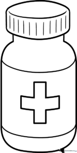 Black and white line art of a classic medicine bottle with a prominent label, designed for children to color.