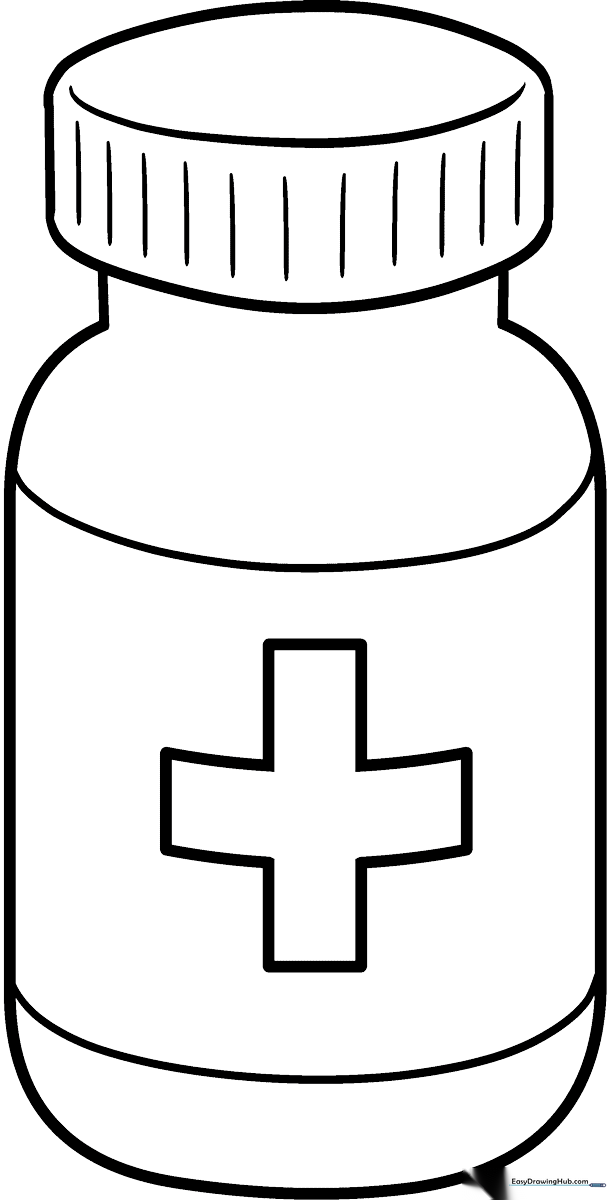 Black and white line art of a classic medicine bottle with a prominent label, designed for children to color.