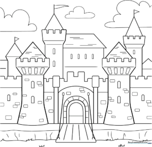 Black and white line art of a medieval castle with tall towers, stone battlements, and a large arched gate, ready for coloring.