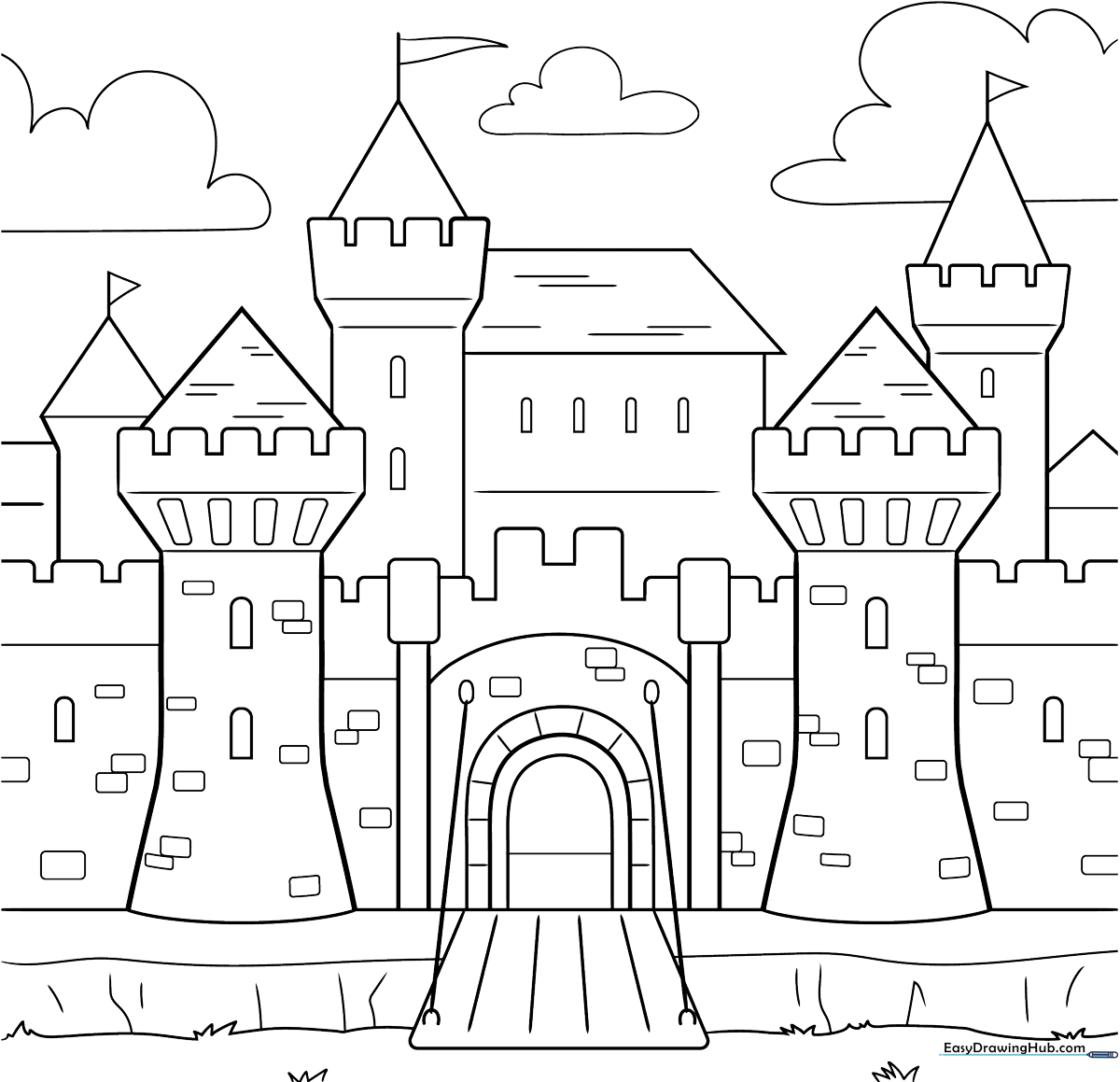 Black and white line art of a medieval castle with tall towers, stone battlements, and a large arched gate, ready for coloring.