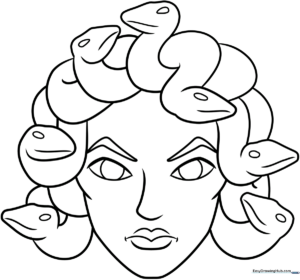 Black and white line art of Medusa with snake hair, designed for children to color with markers or crayons.