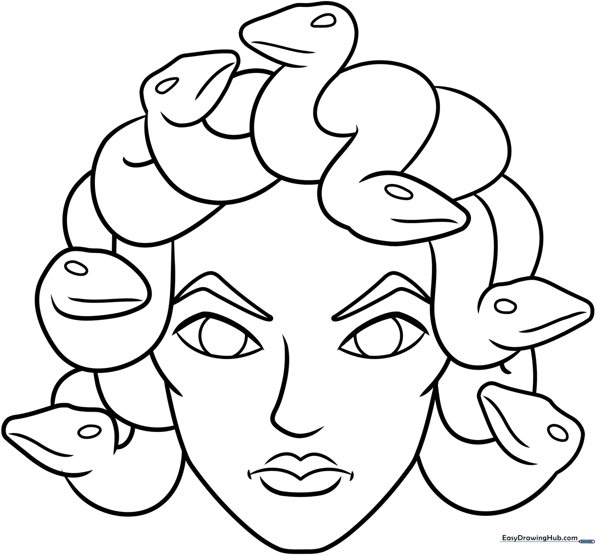 Black and white line art of Medusa with snake hair, designed for children to color with markers or crayons.