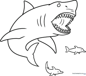 A friendly cartoon Megalodon shark with large fins and a wide smile, featuring clear, thick outlines perfect for young children to color.