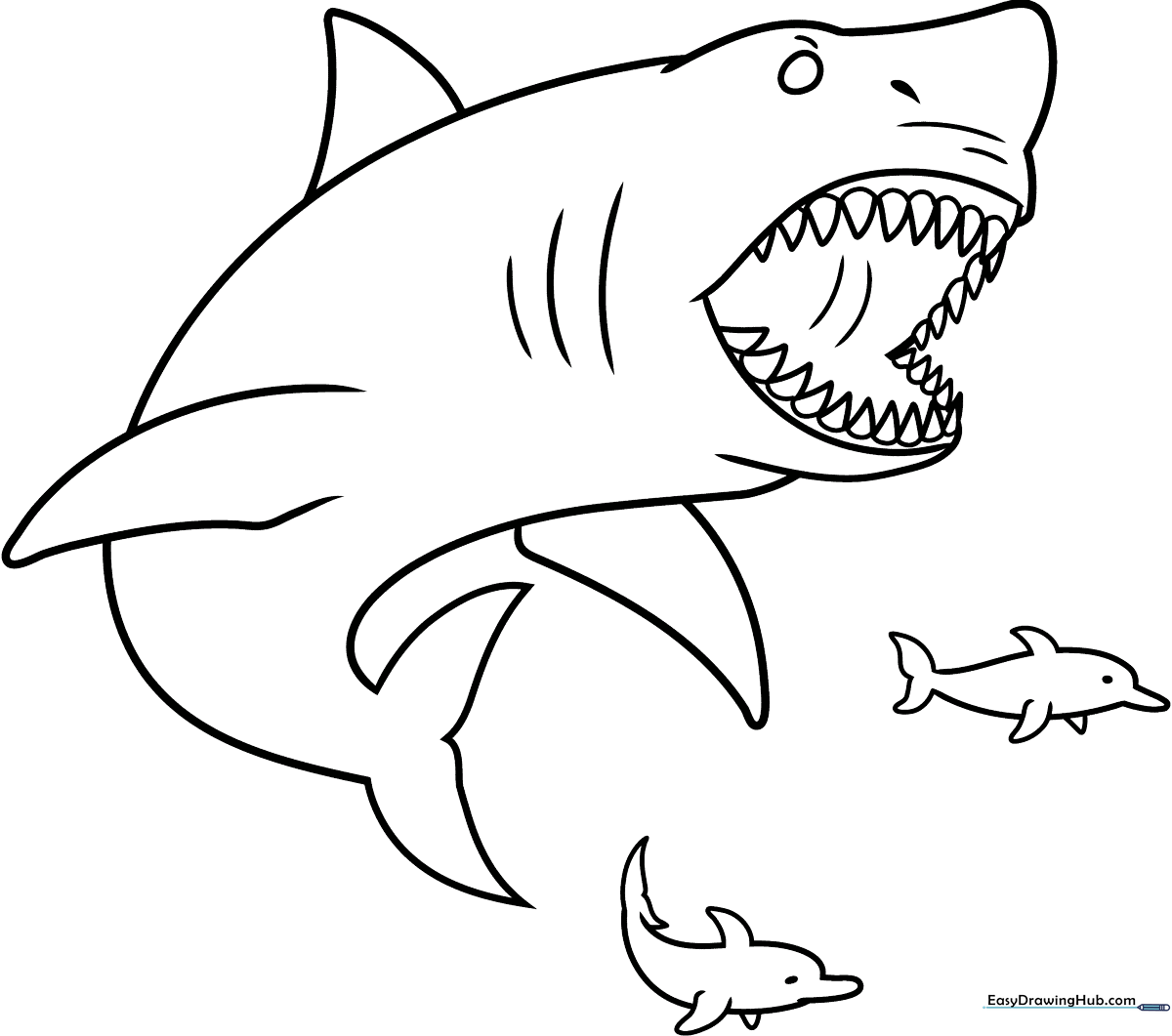 A friendly cartoon Megalodon shark with large fins and a wide smile, featuring clear, thick outlines perfect for young children to color.