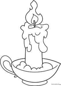 Black and white line art of a melting candle with wax drips, designed as a coloring page for children to practice shading.